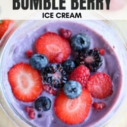A bowl of purple ice cream topped with fresh strawberries, raspberries, blueberries, and blackberries. The text reads Ninja Creami Bumble Berry Ice Cream. The website address at the bottom is homemadeheather.com.