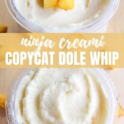 Two containers of creamy pineapple Dole Whip are shown in close-up. The top container is garnished with pineapple chunks. Text reads Ninja Creami Copycat Dole Whip with a website link at the bottom.