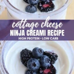 A close-up of a creamy dessert topped with blueberries and blackberries in a glass container. Text overlay reads: Cottage Cheese Ninja Creami Recipe - High Protein, Low Carb. Website: homemadeheather.com.