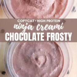 Top view of two glass bowls filled with creamy chocolate frosty. The top bowl has a scoop lifted to show the texture. Text on the image reads Copycat High Protein Ninja Creami Chocolate Frosty and homemadeheather.com.