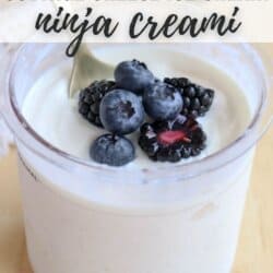 A creamy dessert in a glass container topped with fresh blueberries and blackberries. The text on the image reads High Protein • Low Carb Cottage Cheese Ice Cream Ninja Creami. A spoon is placed in the container.