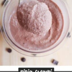 A spoon is holding a scoop of chocolate protein frosty over a clear bowl filled with the dessert. Chocolate chips are scattered around the bowl. Text at the bottom reads Ninja Creami Protein Frosty and homemadeheather.com.