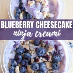 Top image showcases a spoon lifting a rich, creamy scoop of blueberry cheesecake ice cream. Bottom image reveals a bowl brimming with this delightful treat, crowned with fresh blueberries and crumbled graham crackers. Text reads, Blueberry Cheesecake Ninja Creami homemadeheather.com.