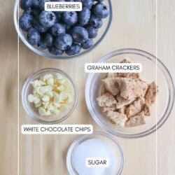 Top-down view of four bowls containing blueberries, graham cracker pieces, white chocolate chips, and sugar, arranged on a wooden surface. Each bowl is labeled with its contents.