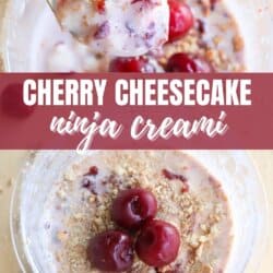 A spoonful of cherry cheesecake ice cream is held above a bowl. The dessert features visible cherries and crumbly cheesecake pieces. Text on the image reads, Cherry Cheesecake Ninja Creami and a website URL is listed at the bottom.