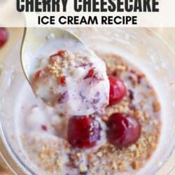 Close-up of a spoonful of cherry cheesecake ice cream above a glass bowl filled with the dessert. The text reads Ninja Creami Cherry Cheesecake Ice Cream Recipe with HomemadeHeather.com at the bottom. Cherries and crumbled toppings are visible.