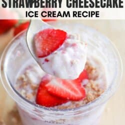 A creamy dessert in a cup topped with sliced strawberries and crumbled cookies, labeled as ninja creami strawberry cheesecake ice cream recipe. The background includes a strawberry and the website name homemadeheather.com at the bottom.