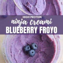 A creamy, purple frozen yogurt is shown in a container. A spoon scoops a portion from the top. Three blueberries are arranged on the surface of the yogurt. Text reads, High Protein Ninja Creami Blueberry Froyo and homemadeheather.com.
