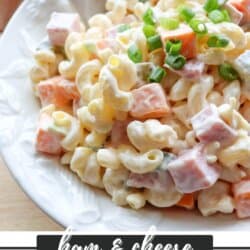 A close-up of a ham and cheese macaroni salad on a white plate. The salad includes macaroni pasta, diced ham, cheddar cheese, and is garnished with chopped green onions. The text overlay reads: ham & cheese MACARONI SALAD homemadeheather.com.
