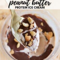 A spoonful of peanut butter protein ice cream with chocolate and peanut pieces. Text on top reads Ninja Creami Peanut Butter Protein Ice Cream. Website at bottom: homemadeheather.com.
