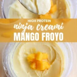 Close-up of mango frozen yogurt in a container. A spoon with froyo is above, and diced mango pieces are in the center. Text overlay reads: High Protein Ninja Creami Mango Froyo and homemadeheather.com at the bottom.