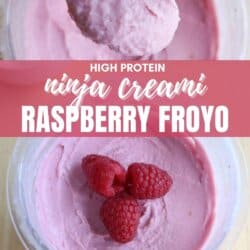 A spoon holding a scoop of pink raspberry frozen yogurt above a container. Below, a bowl of pink raspberry frozen yogurt garnished with fresh raspberries. Text reads High Protein Ninja Creami Raspberry Froyo and homemadeheather.com.