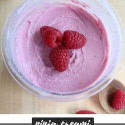 A bowl of raspberry frozen yogurt topped with fresh raspberries sits on a wooden surface. Next to it are a few more raspberries on a small wooden spoon. Text on the image reads: ninja creami RASPBERRY FROYO HOMEMADEHEATHER.COM.