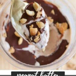 A spoonful of peanut butter ice cream with chocolate and chopped nuts, held above a container filled with more of the dessert. Text at the bottom reads peanut butter Ninja Creami Recipe and homemadeheather.com.