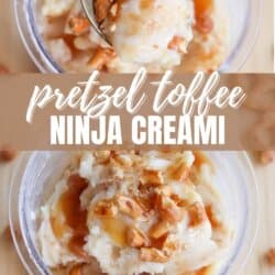 A creamy dessert in a glass bowl topped with chunks of pretzel toffee. Text overlay reads Pretzel Toffee Ninja Creami and homemadeheather.com.