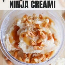 A clear bowl filled with creamy pretzel toffee ice cream topped with pretzel pieces and caramel drizzle. Background shows scattered pretzels. Text overlay reads, Pretzel Toffee Ninja Creami.