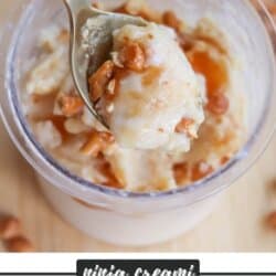 A spoonful of pretzel toffee ice cream is held over a clear cup filled with more of the ice cream, topped with caramel and pretzel bits. Text below the image reads PRETZEL TOFFEE ICE CREAM homemadeheather.com.