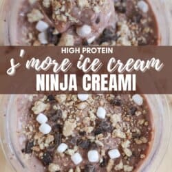 A bowl of high protein smores ice cream with chocolate chunks, marshmallows, and cookie crumbles on top. A spoon is lifting a scoop from the bowl. Text overlays the image: High Protein Smore Ice Cream Ninja Creami.