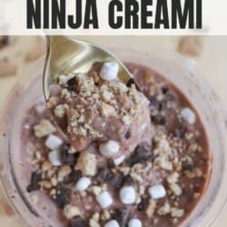 A spoon scoops smore ice cream from a bowl, filled with bits of chocolate, marshmallows, and crumbly graham crackers. The top text reads smore ice cream NINJA CREAMI, with a website link homemadeheather.com at the bottom.