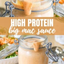 A glass jar filled with creamy orange sauce, labeled High Protein Big Mac Sauce. The jar sits on a lace doily. The sauce drips over the rim, and a salad is blurred in the background. Text on the bottom reads homemadeheather.com.