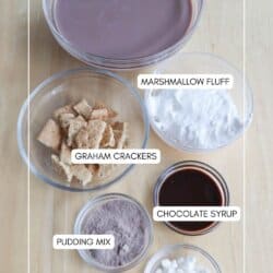 Top view of ingredients for a chocolate marshmallow dessert drink. Items include a bowl of chocolate protein shake, marshmallow fluff, graham crackers, chocolate syrup, pudding mix, and mini marshmallows, all labeled on a wooden surface.