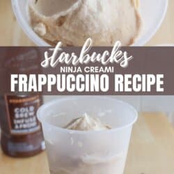 Close-up of a homemade frappuccino in a Ninja Creami cup, with a Starbucks logo visible. Text overlay reads Starbucks Ninja Creami Frappuccino Recipe and homemadeheather.com. A bottle of mocha coffee is in the background.