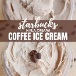 Close-up of creamy coffee ice cream in a bowl, topped with coffee beans. A spoon holds a scoop above the bowl. Text overlay reads Starbucks Ninja Creami Coffee Ice Cream and homemadeheather.com.