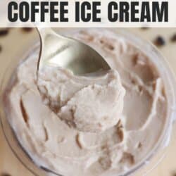 A spoon scoops coffee ice cream from a bowl, with text overlay reading Starbucks Ninja Creami Coffee Ice Cream and a website URL at the bottom. The background is a light wooden surface with scattered coffee beans.