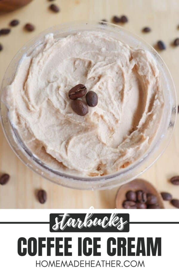 A bowl of creamy coffee ice cream topped with coffee beans is placed on a wooden surface. Scattered coffee beans surround the bowl. The text below reads Starbucks Coffee Ice Cream with a website URL.