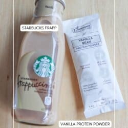 A bottle of Starbucks vanilla frappuccino is next to a packet of vanilla bean protein powder on a wooden surface. The text labels them as Starbucks Frapp and Vanilla Protein Powder.
