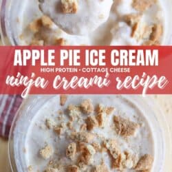 Top view of apple pie ice cream in a cup, garnished with crumbled pieces. Text overlay reads Apple Pie Ice Cream, High Protein, Cottage Cheese, Ninja Creami Recipe with the website homemadeheather.com at the bottom.