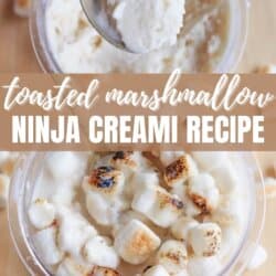 A spoonful of creamy toasted marshmallow dessert is lifted above a container filled with more of the dessert. The text reads toasted marshmallow Ninja Creami recipe and below is a URL: homemadeheather.com.
