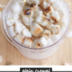 A bowl of marshmallow ice cream topped with toasted marshmallows and a spoon. Text on the image reads ninja creami toasted marshmallow and homemadeheather.com.