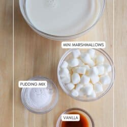 Four bowls with labeled ingredients on a wooden surface: Vanilla Protein Shake in a large bowl, Mini Marshmallows in a medium bowl, Pudding Mix in a small bowl, and Vanilla in a tiny bowl. Text reads homemadeheather.com.