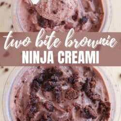 Top and bottom views of a creamy chocolate dessert with brownie chunks in clear containers. A spoon scoops out some dessert from the top container. Text overlay reads two bite brownie Ninja Creami.
