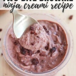 A spoonful of a creamy, chocolatey mixture with brownie chunks, labeled High Protein Two Bite Brownie Ninja Creami Recipe, in a clear bowl. Background shows a piece of brownie. Website homemadeheather.com is noted at the bottom.