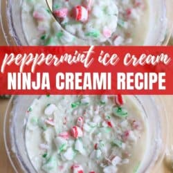 A spoonful of peppermint ice cream with crushed red and green peppermint candies. The ice cream is in a glass container. Text on the image reads: Peppermint Ice Cream Ninja Creami Recipe and homemadeheather.com.