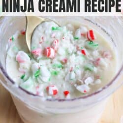 A bowl of creamy peppermint ice cream with crushed candy pieces and a spoon. The image includes text: Peppermint Ice Cream Ninja Creami Recipe and a website URL: homemadeheather.com.