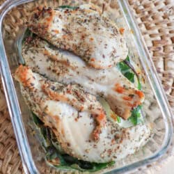 Grilled chicken breast slices seasoned with herbs rest elegantly in a glass container on a woven mat. The addition of leafy greens and hints of pesto creates a fresh, appetizing presentation.