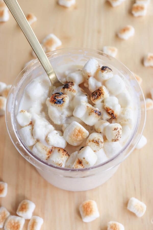 A plastic pint filled with creamy ice cream topped with toasted mini marshmallows. A gold spoon rests inside the cup. Scattered mini marshmallows surround the cup on a light wooden surface.