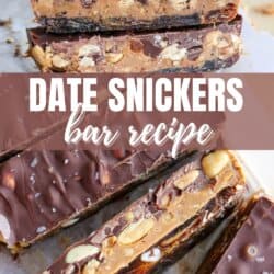 Close-up of homemade date bars with layers of chocolate, nuts, and a chewy filling. Text overlay reads, Date Snickers bar recipe. The website homemadeheather.com is at the bottom. Bars are stacked and shown with a smooth chocolate topping.