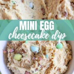 Close-up of a bowl filled with a creamy dessert dip mixed with colorful mini chocolate eggs. The image has a green overlay with white text that reads Mini Egg Cheesecake Dip and a URL at the bottom.