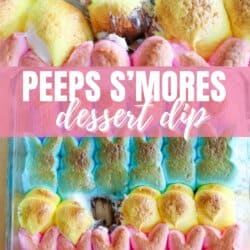 Colorful Peeps marshmallows in pastel pink, yellow, and blue are melted over chocolate and graham crackers in a baking dish, creating a festive Peeps Smores dessert dip. The text reads Peeps Smores dessert dip and homemadeheather.com.