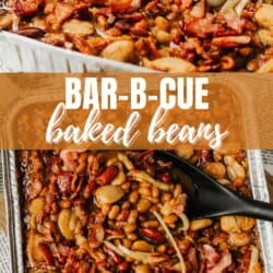 A baking dish filled with baked beans, bacon, and onions, with a black serving spoon. Text on the image reads Bar-B-Cue Baked Beans and homemadeheather.com.