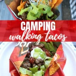 Two open bags of chips filled with taco meat, lettuce, cheese, and toppings are shown, with Walking Tacos Recipe text overlay and the website homemadeheather.com displayed at the bottom.