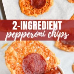 A close-up of crispy baked pepperoni chips made with just cheese and pepperoni, one being dipped in marinara sauce. Text reads โ2-Ingredient Pepperoni Chipsโ and โhomemadeheather.com.โ.
