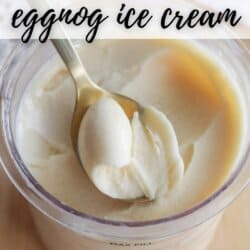 A spoon scoops creamy eggnog ice cream from a clear container. Text above reads Ninja Creami eggnog ice cream and below is the website homemadeheather.com.