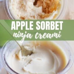 Close-up of two containers filled with apple sorbet made using a Ninja Creami. The top container has a creamy texture with a few spoon marks, while the bottom one has a smoother consistency with a spoon resting in it. Text overlay reads APPLE SORBET Ninja Creami.