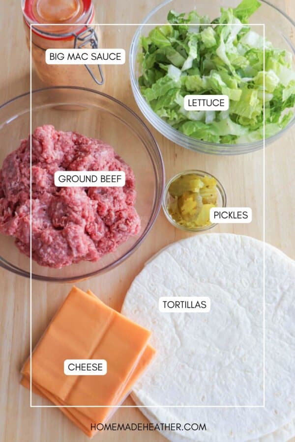 Ingredients for a dish displayed on a table: ground beef in a bowl, lettuce in another bowl, slices of cheddar cheese, tortillas, sliced pickles, and a small bowl labeled Big Mac Sauce.