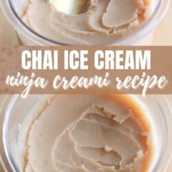 Close-up of chai ice cream in a container, one with a spoon scooping some out. Text over the image reads “Chai Ice Cream Ninja Creami Recipe homemadeheather.com”.
